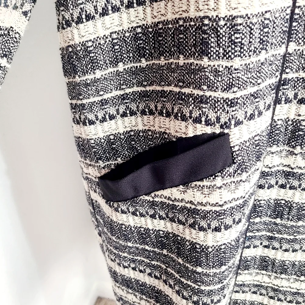 Anne Klein Black,Gray,White Striped Tweed Long Jacket, Black Trim, Size XL - Picture 6 of 12